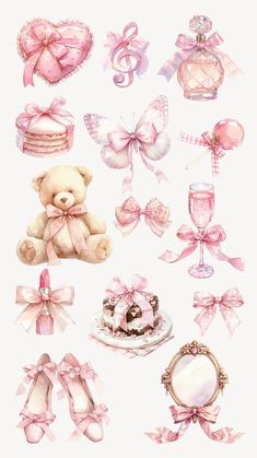 a collection of pink items including a teddy bear, cake and wine glasses with bows