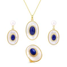 Gemstone Mother of Pearls Pendant Necklace Gold Vermeil Add a luxurious touch to your jewelry collection with these new arrivals from House of Pearls. Crafted from ocean blue lapis lazuli and studded with mother of pearls, each gemstone set is vintage-inspired yet totally timeless. From classic to modern, these earrings and ring will give you an unforgettable luxury look. Material: Gold Vermeil on 925 Sterling Silver, Mother of Pearls with Freshwater Baroque Pearls, and gemstones. Ocean Blue Lap Baroque Pearls Necklace, Celine Earrings, Pearls Earrings, Lapis Lazuli Earrings, Lapis Lazuli Necklace, Mother Of Pearl Earrings, Blue Lapis Lazuli, Lapis Lazuli Ring, Baroque Pearl Earrings