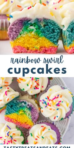 rainbow swirl cupcakes with white frosting and sprinkles on top