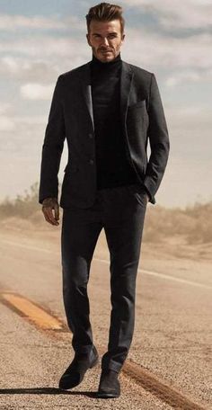 Turtleneck Suit, Black Turtleneck Outfit, Turtleneck Outfits, David Beckham Style, Mens Turtleneck, Slim Fit Blazer