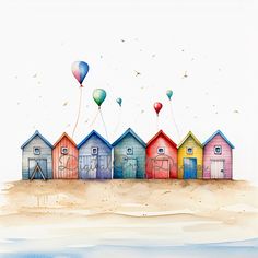 colorful beach huts with balloons floating in the air above them on an ocean shore, against a white background