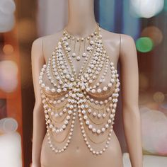 Color: gold, silver  Size:  Neck circumference: 50 cm, waist circumference 110 cm  Material: copper chain, imitation pearls  Customized styles, matching skirts can be customized Bridal Body Jewelry, Pearl Cape, Body Chain Bra, Body Chain Fashion, Pearl Body Chain, Shoulder Necklace, Chain Bra, Fashion Sketches Dresses, Jewelry Pearl