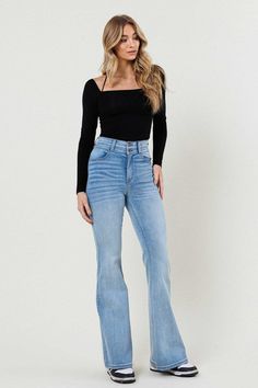 High-rise, flare jeans featuring front whiskered wash, doubled waist detail, two front pockets, two back pockets, and zip-fly closure with two buttons. - Rise: 11", Inseam: 32" - Model is 5'9" and wearing a size 3 -True to size Wide Legged Jeans, High Waisted Flare Jeans, Long Jeans, High Waisted Flares, Jeans Flare, Sheer Fabrics, High Jeans, Print Pattern, Jacket Tops