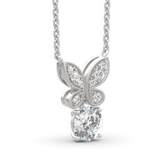 Showing elegant and timeless beauty, this necklace makes an adorable gift for yourself or loved one. The butterfly adorned with sparkling stones in varied sizes which wrapped in a frame of milgrain details.Besides,a sparkling round cut stone glistens below the butterfly.Sparkling stones add an element of glamour to this feminine design. Dainty and shimmering, this necklace is sure to cherish. Carat Weight: 2.5 ctStone Size: 7 mmStone Type: Jeulia® StoneNumber of Stones: 1 Stone Shape: RoundStone Elegant White Gold Butterfly Necklace With Diamonds, Elegant White Gold Diamond Butterfly Necklace, Elegant Cubic Zirconia Butterfly Pendant Necklace, Elegant Round Butterfly Charm Necklace, Elegant White Butterfly Necklace In Cubic Zirconia, Elegant Diamond Butterfly Necklace, Elegant Butterfly Pendant Necklace For Anniversary, Elegant White Diamond Butterfly Necklace, Elegant Anniversary Butterfly Charm Necklace