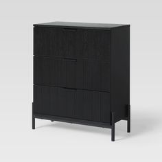 a black cabinet with two drawers on one side and an open drawer on the other