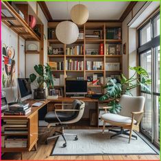 a home office with bookshelves and plants