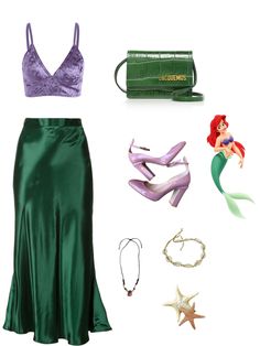 the little mermaid costume is green and has purple shoes, necklaces, bracelets, and handbag