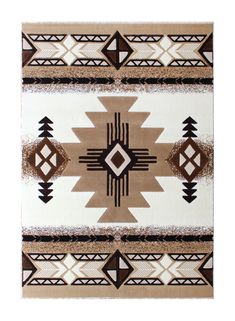 a brown and white rug with an abstract design on the front, in different colors