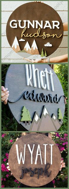 four different wood signs that are hanging on the side of a building with trees and mountains