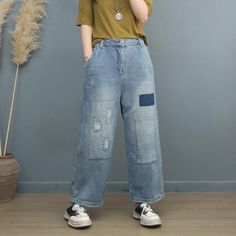 Comfortable, One of Kind. Boyfriend online shop,|Street|Denim|Solid Color|Ninth Pants/Skirts|Embroidery|Button|Straight Leg|Female|Light Blue|M|L|Spring/Fall|Hand Wash Casual Straight Leg Patchwork Jeans, Casual Denim Blue Jeans With Patchwork, Medium Wash Patchwork Pants For Spring, Patchwork Relaxed Fit Jeans For Spring, Casual Wide Leg Patchwork Jeans, Casual Denim Blue Patchwork Jeans, Spring Patchwork Straight Leg Jeans, Trendy Relaxed Fit Patchwork Jeans, Spring Patchwork Relaxed Fit Jeans