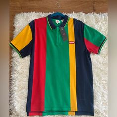 Good Quality 90% Cotton Brand New. Multicolor Polo Collar Top With Graphic Print, Multicolor Graphic Print Polo Collar Top, Multicolor Graphic Print Top With Polo Collar, Casual Multicolor Polo Collar Shirt, Multicolor Graphic Print Short Sleeve Polo Shirt, Retro Multicolor Collared T-shirt, Casual Yellow Cotton Polo Shirt, Casual Red Color Block Shirt, Vibrant Green Cotton Tops