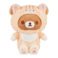 a brown and white teddy bear wearing a hat on it's head with paws