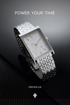 VIEREN Matte White rectangular watch on black with logo Modern Silver Watch With Rectangular Dial, Modern Rectangular Watches With Metal Dial, Modern Silver Watches With Rectangular Dial, Modern White Watches With Date Indicator, Luxury White Watch Accessories With Date Indicator, Classic Square Face Watch With Metal Dial, Minimalist Business Watch With Rectangular Dial, Modern Square Face Watch For Formal Occasions, Modern White Watch Accessories With Date Indicator