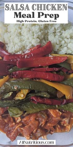 salsa chicken meal prepped with rice and peppers on a clear glass platter, ready to be eaten