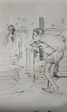 a black and white drawing of two people