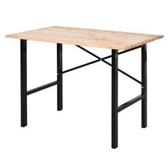 a wooden table with black metal legs and a square top on an isolated white background