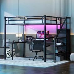 a loft bed with a desk underneath it