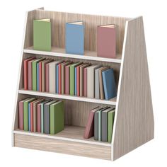 a book shelf with books on it and several different colored books in the bottom section