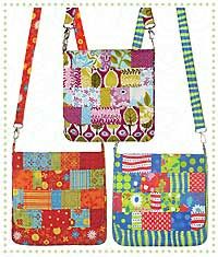 three purses with different patterns and designs on the front, one is multicolored