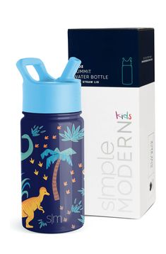 a blue sippy bottle with dinosaurs on it next to a cardboard box and packaging