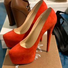 Daffodile 160 Suede Color: Corazon Never Worn! Orange Suede Heels With Round Toe, Suede Heels With Red Sole And Round Toe, Orange Heels With Red Sole And Round Toe, Louboutin Shoes, Christian Louboutin Shoes, Shoes Women Heels, Limited Time, Christian Louboutin, Shoes Heels