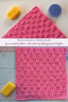 a pink crocheted dishcloth with two soaps on it and the words, basketweave wash cloth