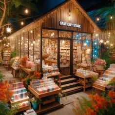 a store with lots of books on display in front of the building at night time