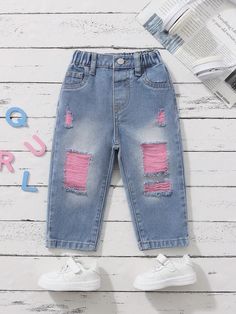 Baby Girl Fashionable Distressed Craft Washed Denim Jeans Light Wash    Denim Plain Bottoms Non-Stretch  Baby Girls Clothing, size features are:Bust: ,Length: ,Sleeve Length: Denim Baby, Jeans Light Wash, Girls Denim, Jeans Light, Washed Denim, Light Wash Denim, Kids Beachwear, Maternity Bag, Girls Clothing