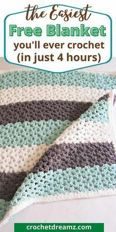 a crocheted blanket with text that reads, the easy free blanket you'll ever crochet in just 4 hours