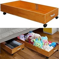 an open drawer with stuffed animals in it next to a bed and another box full of stuffed animals