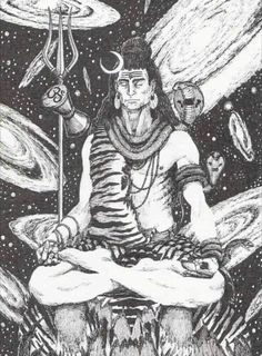 a drawing of a man sitting in the middle of space with many objects around him