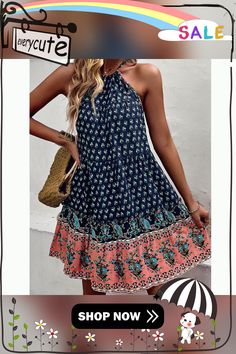 Navy Blue Bohemian Tropical Print Halter Floral Dress Blue Sleeveless Summer Boho Dress, Blue Boho Casual Dress For Vacation, Casual Blue Boho Dress For Vacation, Printed Blue Boho Dress For Vacation, Blue Bohemian Boho Dress For Spring, Blue Printed Boho Dress For Vacation, Spring Blue Sleeveless Boho Dress, Blue Sleeveless Boho Dress For Spring, Casual Blue Boho Summer Dress