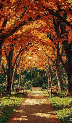 a painting of two park benches under trees with orange leaves