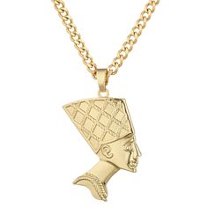 PRICES MAY VARY. 【STYLE】Egyptian Queen Nefertiti Pendant Necklace paired with 5mm wide thick Cuban chain necklace, it’s fashion and Hip-hop, simple but never out of style. 【SIZE】Pendant height: 55mm, Cuban chain: width 5mm, length 18”+2”/22”+2”. Pendant removable. The thick Cuban necklace chain can be used alone. 【MATERIAL】The Nefertiti pendant is copper made with 14K gold plated. The Cuban chain is made with high quality 316L stainless steel, and well vacuum electroplating, waterproof and keep Nefertiti Pendant, Nefertiti Necklace, Egyptian Queen Nefertiti, Cuban Necklace, Cuban Chain Necklace, Queen Nefertiti, Necklace Big, Small Head, Egyptian Queen