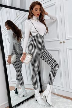 Suspender Jumpsuit, Outstanding Outfits, White Suspenders, Plaid Jumpsuit, Jumpsuit Fitted, Women Jumpsuit, Black And White Plaid, High Waist Fashion, Jumpsuit Black