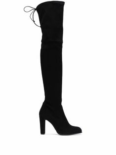 black leather round toe rear tie fastening branded insole high block heel Thigh High Boots Heels Black, Womens Black Knee High Boots, Long Heels Boots, Long Knee High Boots Outfits, Black Dress With High Boots, Black Knee High Heels, Luxury Black Thigh High Heeled Boots, Modern Black Knee-high High-heel Boots, Black Boots Knee High