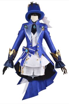 a blue and white costume with gold accents on it's chest, is shown in front of a white background