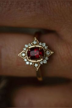 Ruby And Onyx Ring, Cushion Cut Ruby Ring, Desi Wedding Ring, Ruby Engagement Ring Vintage Unique, Garnet And Diamond Engagement Ring, Gold And Sapphire Ring, Vintage Ruby Engagement Ring, Colourful Engagement Rings, Red Sapphire Engagement Ring