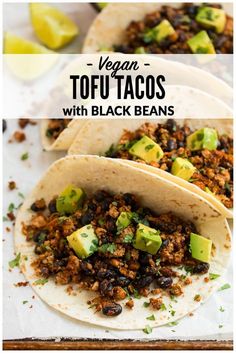 vegan tofu tacos with black beans and avocado on the side