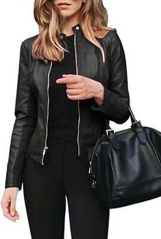 Trendy Fashion Women Genuine Black Leather Jacket Soft Lambskin Biker Motorcycle Jacket Slimfit, women clothing Short Leather Jacket, Winter Shorts, Womens Jackets Casual, Vegan Leather Jacket, Zipper Shorts, Stil Elegant, Mode Design, Spring Outfits Women, Urban Chic