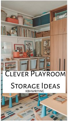 Organized playroom with storage shelves, colorful decorations, and small tables and chairs.