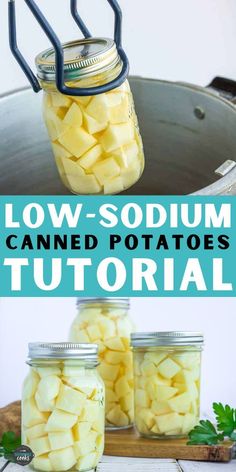 two jars filled with canned potatoes sitting on top of a wooden cutting board