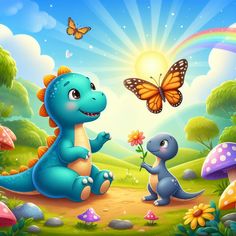 two dinosaurs are playing in the grass with a butterfly