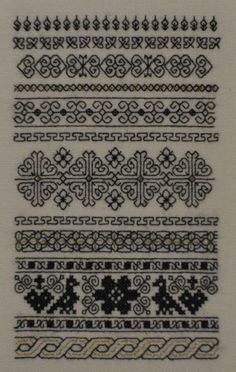 the cross stitch pattern is shown in black and white, with gold trimmings