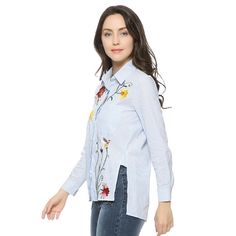 Material: Linen, CottonDecoration: EmbroiderySleeve Length: FullPattern Type: FloralCollar: Turn-Down CollarFabric Type: Woven Striped Shirt Women, Cotton Decorations, Shirts Long Sleeve, Sweet Floral, Side Split, Striped Shirt, Floral Embroidery, Casual Tops, Open Shoulder Tops