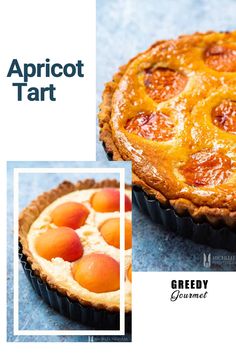 an image of a pie with peaches on top and the words apricot tart above it