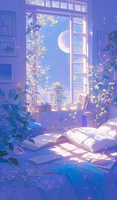 the sun shines brightly through an open window onto a bed with pillows and blankets