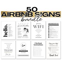 the 50 airbnb signs bundle is shown in black and white with gold accents