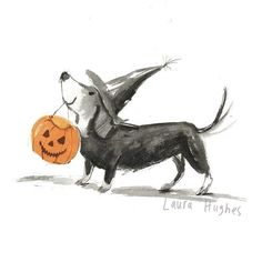 a drawing of a dog holding a jack - o'- lantern in its mouth