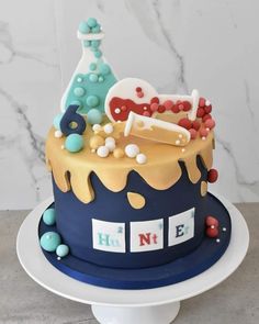 a cake decorated to look like a science lab